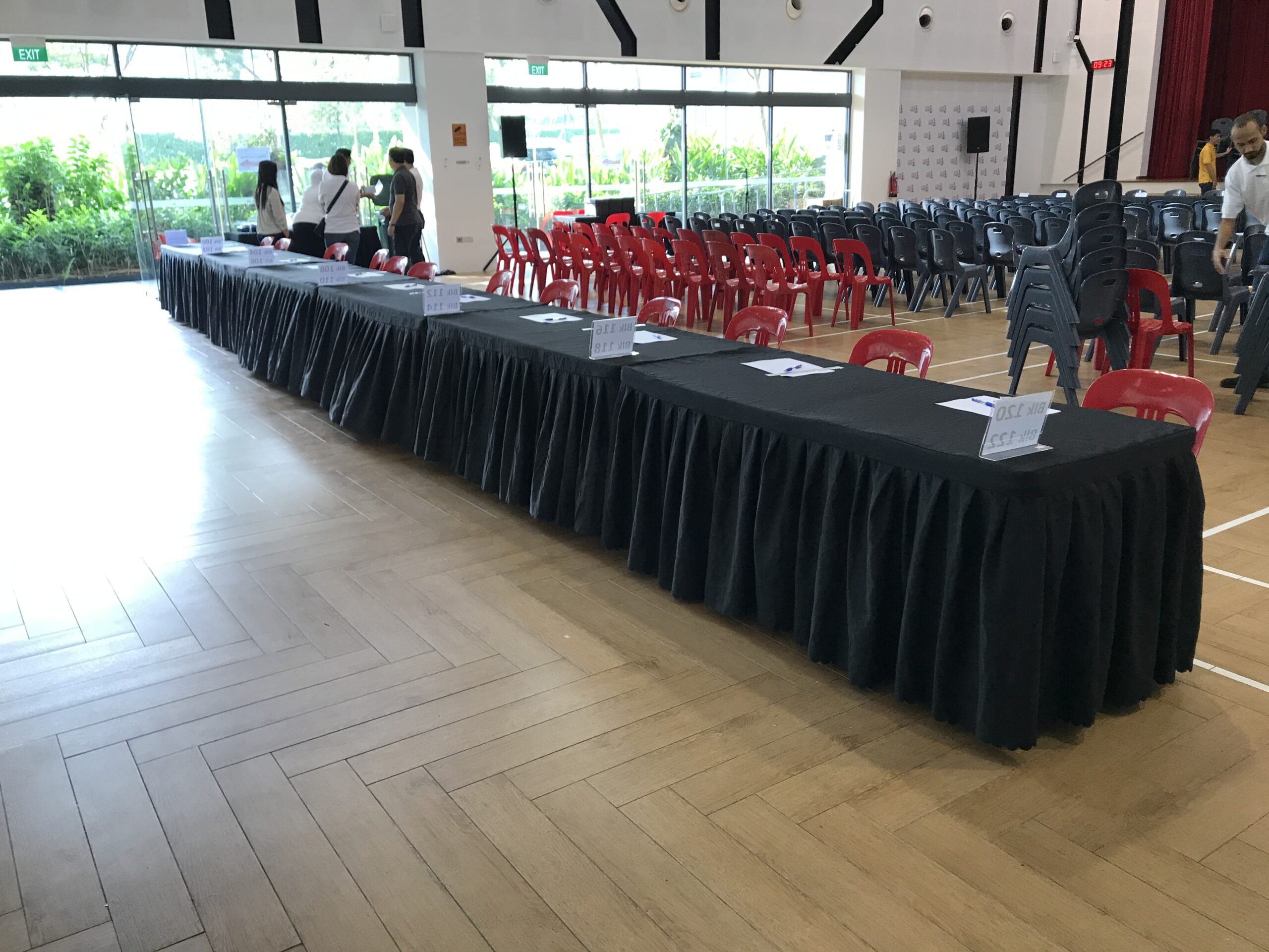 6ft table with black skirting 18 chairs - logistics support